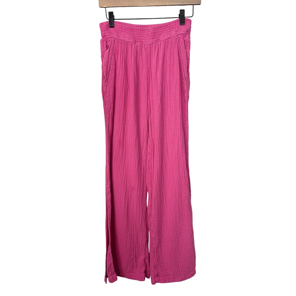 Aerie Pink Cotton Gauze Wide Leg Pants Medium Boho Beach Side Slit Smocked